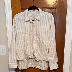 LOFT Beige and White Striped Tie-Front Blouse